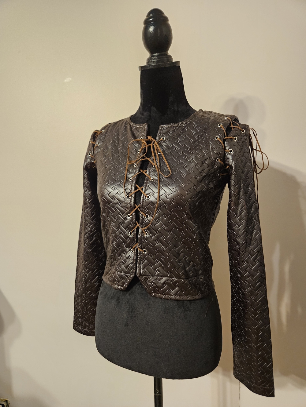 Womens LaceUp Quilted Faux Leather brown jacket Winter Warrior Costume Halloween